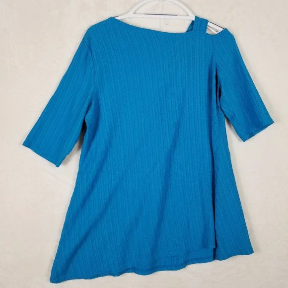 Yushi Womens Teal Blue Textured Cold Shoulder Button Accent Tunic Top Size M - Picture 2 of 6